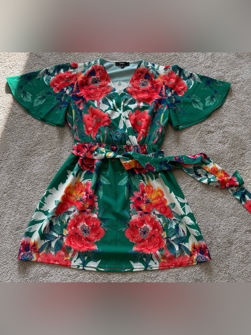 Lulus Green Floral Wrap Dress Size Small Tie Waist Flutter Sleeve Mini Dress - Picture 3 of 4